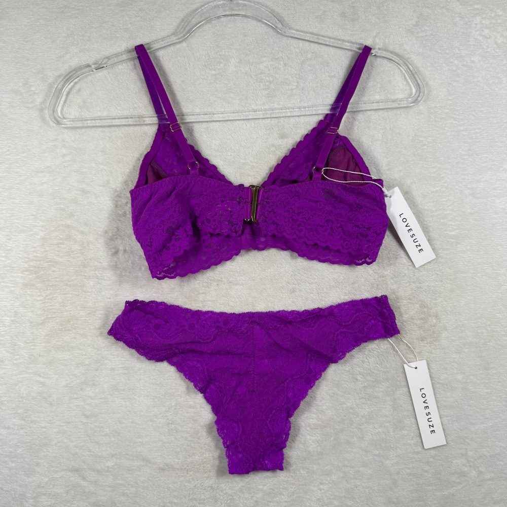 LOVESUZE Purple Floral Lace Wireless Bralette & panties Hook XS/S NEW